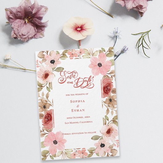 Blush Pink Floral Botanical Wedding Save the Date Kaart
