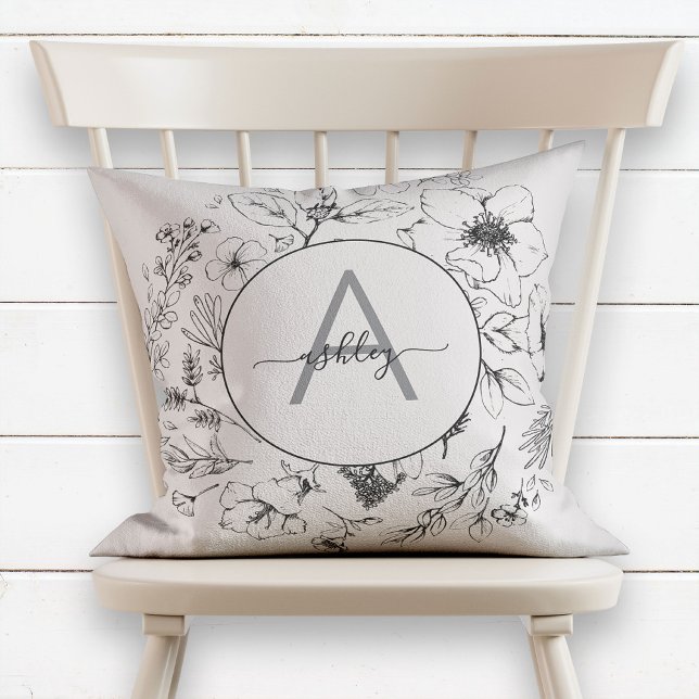  Blush Pink Floral Botanisch Monogram Kussen (Creator heeft geüpload)