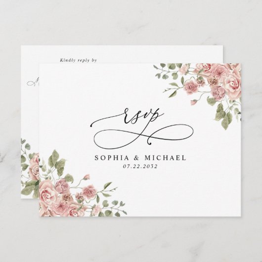 Blush Pink Floral Botanische QR Code Weddenschap R Briefkaart (Voorkant / Achterkant)