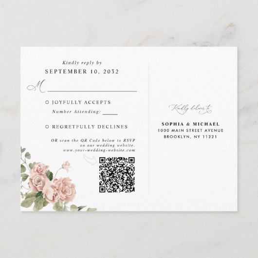 Blush Pink Floral Botanische QR Code Weddenschap R Briefkaart (Achterkant)