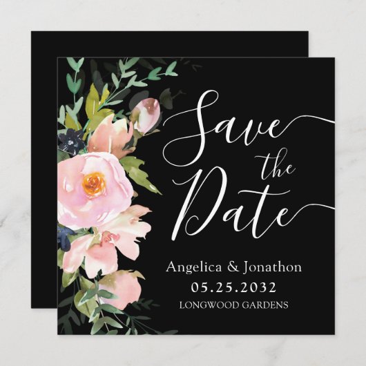 Blush Pink Floral Bouquet & Black Save the Date (Voorkant / Achterkant)