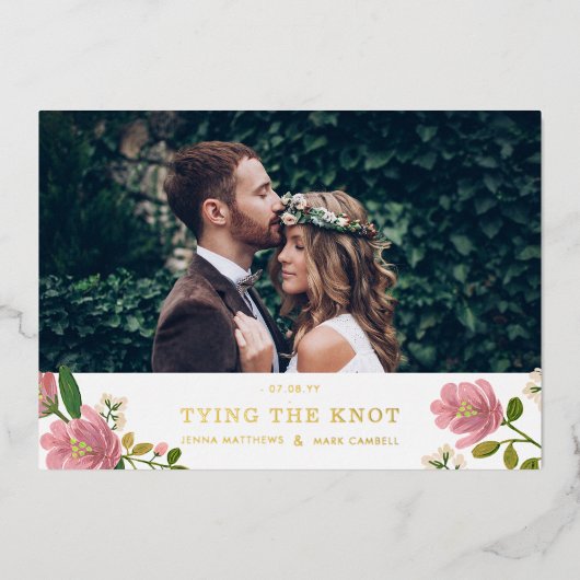 Blush Pink Floral Bouquet en Gold Save the Date Folie Uitnodiging (Voorkant)