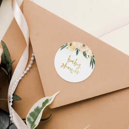 Blush Pink Floral Bouquet Gold Script Baby shower Ronde Sticker