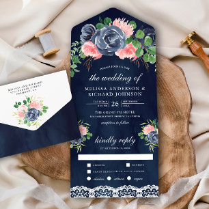 Blush Pink Floral Bouquet Lace Navy Blue Wedding All In One Uitnodiging