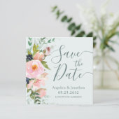 Blush Pink Floral Bouquet Light Blue Save the Date (Staand voorkant)