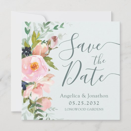 Blush Pink Floral Bouquet Light Blue Save the Date (Voorkant)