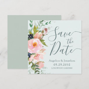 Blush Pink Floral Bouquet Light Blue Save the Date