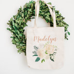 Blush Pink Floral Bouquet Wedding Bridesmaid Naam Tote Bag<br><div class="desc">Het ontwerp van de gepersonaliseerde canvas tas is voorzien van een voornaam monogram in een modern, met de hand geschreven schrift met een elegante bloemige waterverf bouquet, met inbegrip van geschilderde groen met rozen, ranunculus bloemen en bladeren in neutrale tinten van wit, crème, wazige roze, goud en groen. Maakt een...</div>