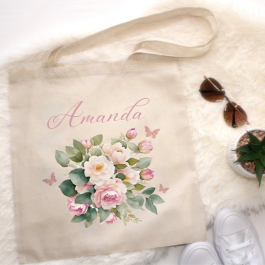 Blush Pink Floral Bouquet Wedding Bridesmaid Naam Tote Bag