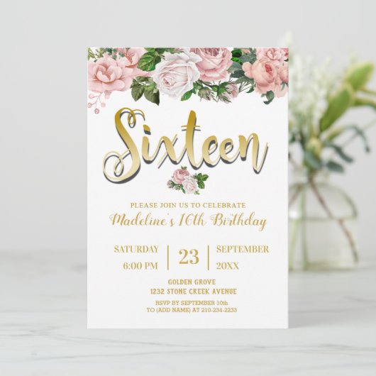 Blush Pink Floral Bouquet | Zoet 16 Kaart (Staand voorkant)