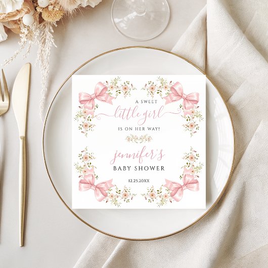 Blush Pink Floral Bow Baby Girl Shower Servet