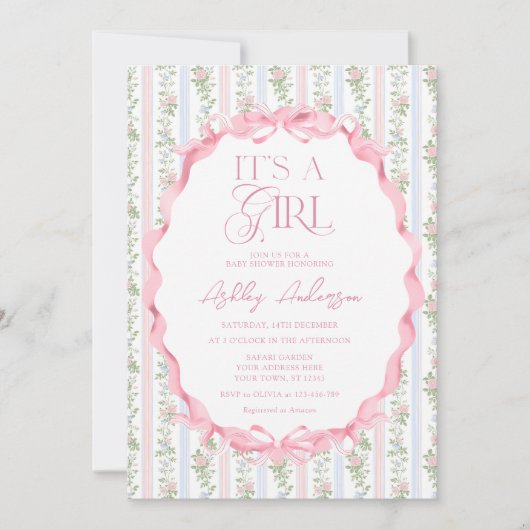 Blush Pink Floral Bow Het is een meisje Baby showe Kaart (Voorkant)