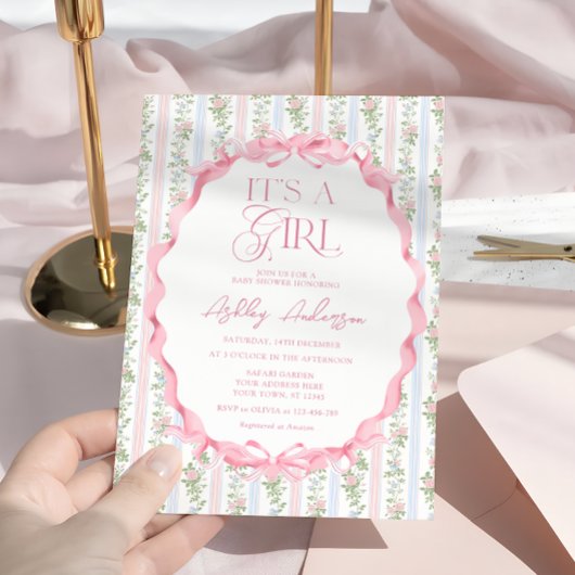 Blush Pink Floral Bow Het is een meisje Baby showe Kaart