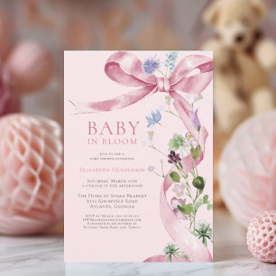 Blush Pink Floral Bow Wildflower Baby shower Kaart