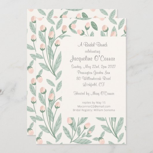 Blush Pink Floral Bridal Brunch Invitation Kaart (Voorkant / Achterkant)