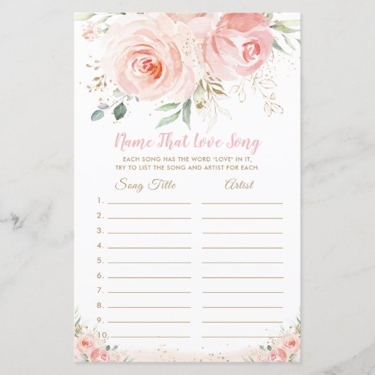 Blush Pink Floral Bridal Name that Love Song Game (Voorkant)