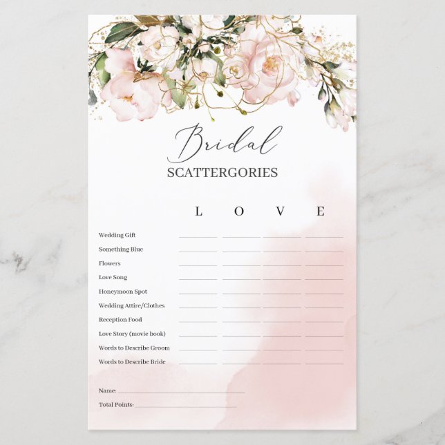Blush Pink Floral Bridal Scattergories Game Boho (Voorkant)