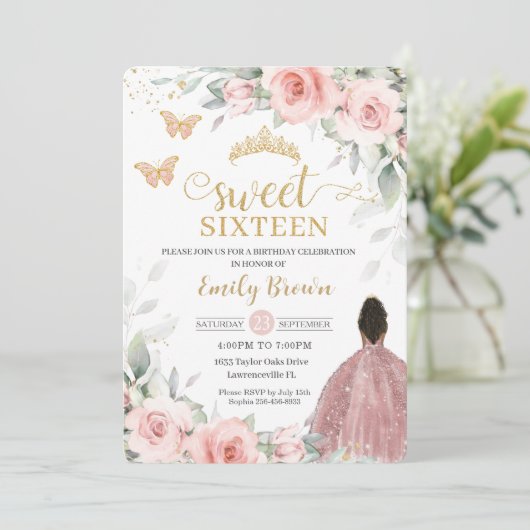 Blush Pink Floral Brown Princess Sweet Sixteen Kaart (Staand voorkant)
