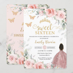 Blush Pink Floral Brown Princess Sweet Sixteen Kaart