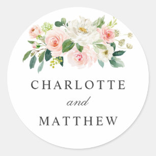 Blush Pink Floral bruid en bruidegom namen Ronde Sticker