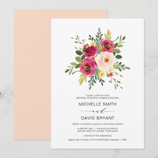 Blush Pink Floral, bruiloft Rehearsal Dinner Kaart (Voorkant / Achterkant)