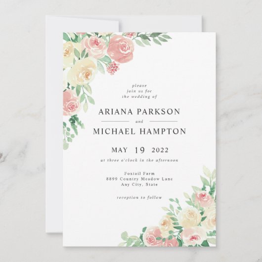 Blush Pink Floral bruiloft uitnodiging 4196 (Voorkant)