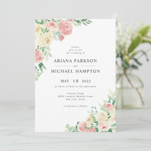 Blush Pink Floral bruiloft uitnodiging 4196 (Staand voorkant)