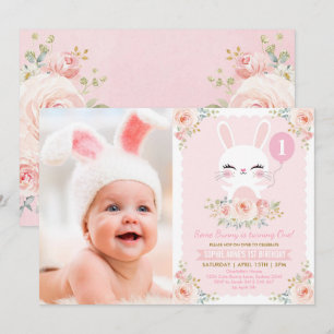 Blush Pink Floral Bunny Rabbit 1st Birthday Party Kaart