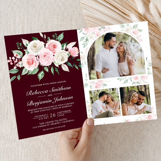 Blush Pink Floral Burgundy QR Code Wedding