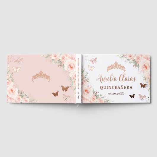 Blush Pink Floral Butterflies Quince XV Rose Gold Gastenboek (Volledig)