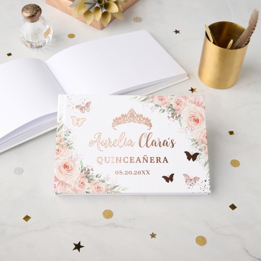 Blush Pink Floral Butterflies Quince XV Rose Gold Gastenboek (Voorkant open)