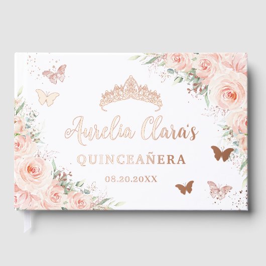 Blush Pink Floral Butterflies Quince XV Rose Gold Gastenboek (Voorkant)