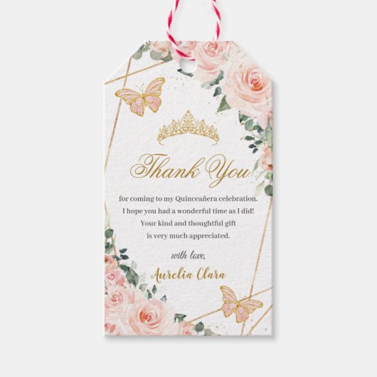 Blush Pink Floral Butterflies Quinceañera Birthday Cadeaulabel (Voorkant)