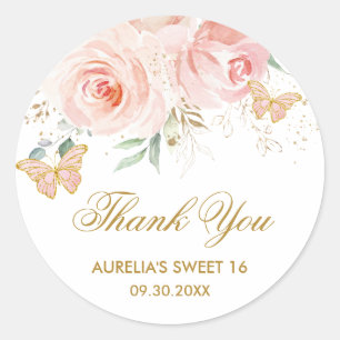 Blush Pink Floral Butterflies Quinceanera Sweet 16 Ronde Sticker