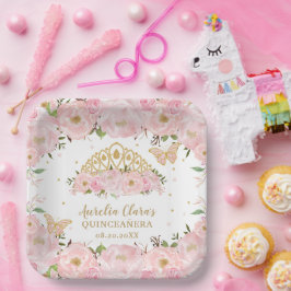 Blush Pink Floral Butterflies Tiara QUINCEAÑERA P Papieren Bordje