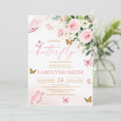 Blush Pink Floral Butterfly Baby shower Invitation Kaart (Staand voorkant)