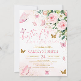 Blush Pink Floral Butterfly Kisses Baby shower Kaart