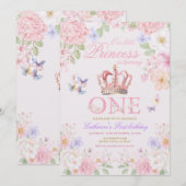  Blush Pink Floral Butterfly Princess 1st Birthday Kaart (Voorkant / Achterkant)