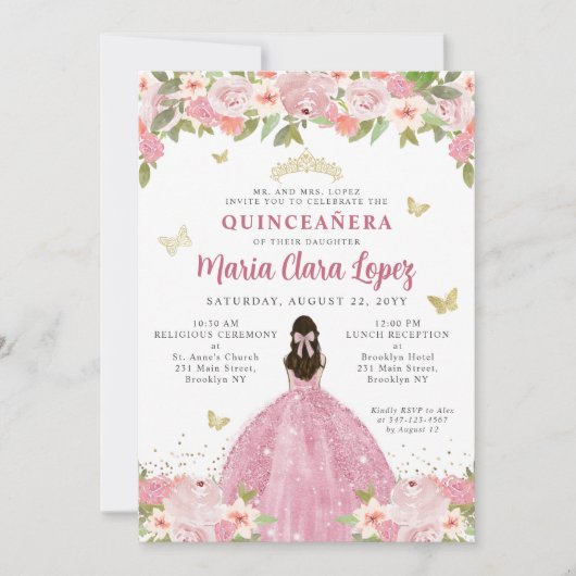 Blush Pink Floral Butterfly Princess Quinceanera Kaart (Voorkant)