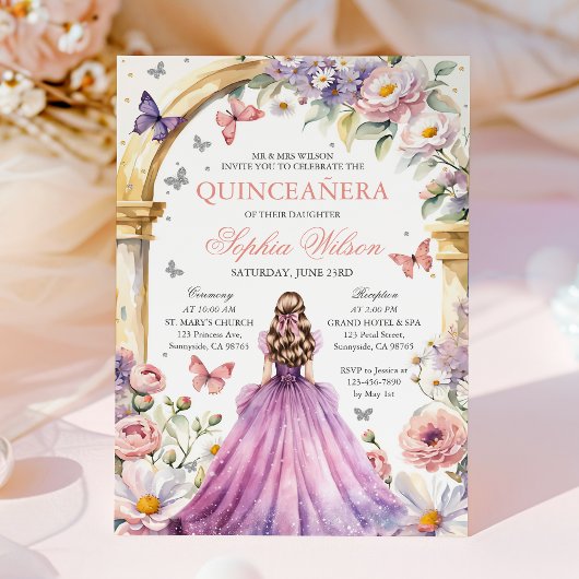 Blush Pink Floral Butterfly Quinceanera Kaart