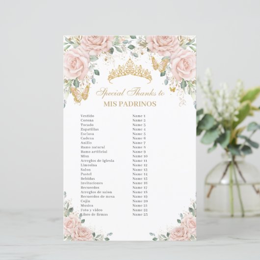 Blush Pink Floral Butterfly Quinceañera Padrinos (Staand voorkant)