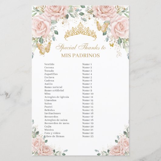 Blush Pink Floral Butterfly Quinceañera Padrinos (Voorkant)