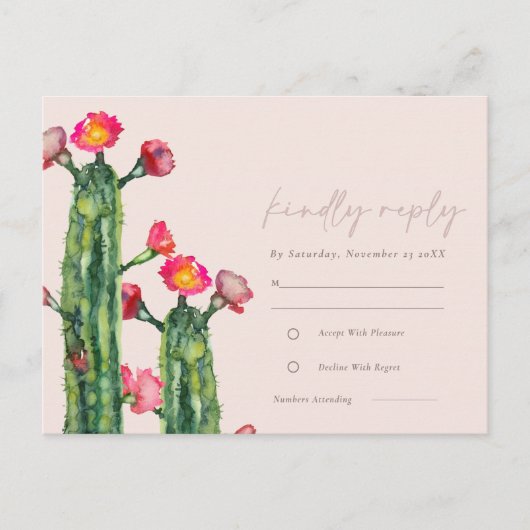 Blush Pink Floral Cacti Foliage Waterverf RSVP Briefkaart (Voorkant)