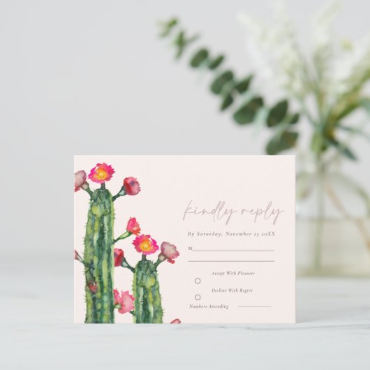 Blush Pink Floral Cacti Foliage Waterverf RSVP Briefkaart (Staand voorkant)