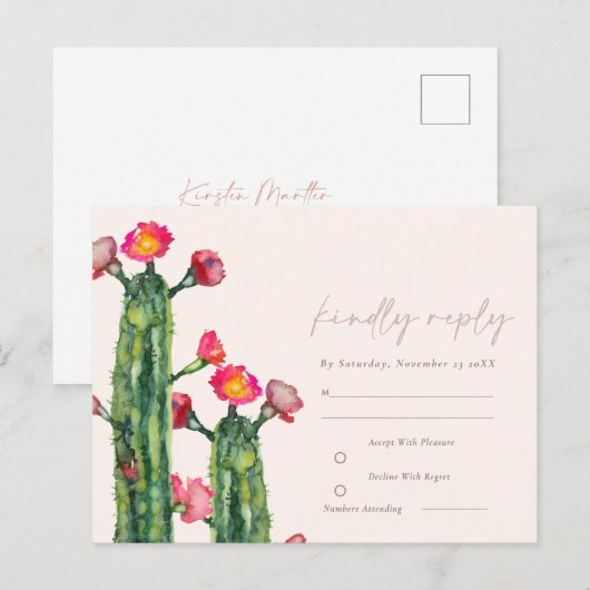 Blush Pink Floral Cacti Foliage Waterverf RSVP Briefkaart (Voorkant / Achterkant)