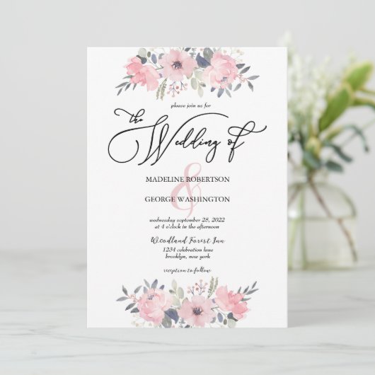 Blush Pink Floral Calligraphy Wedding Kaart (Staand voorkant)