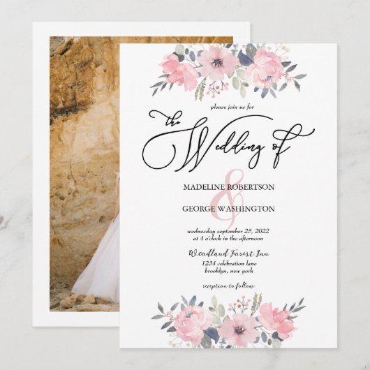 Blush Pink Floral Calligraphy Wedding Kaart (Voorkant / Achterkant)