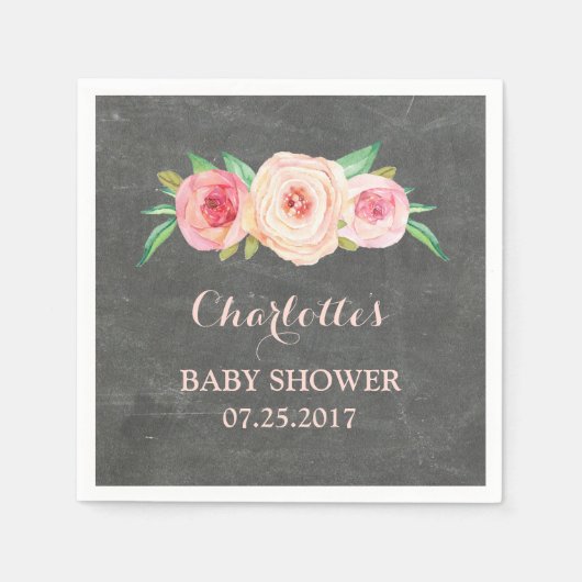 Blush Pink Floral Chalkboard Baby shower Servet (Voorkant)