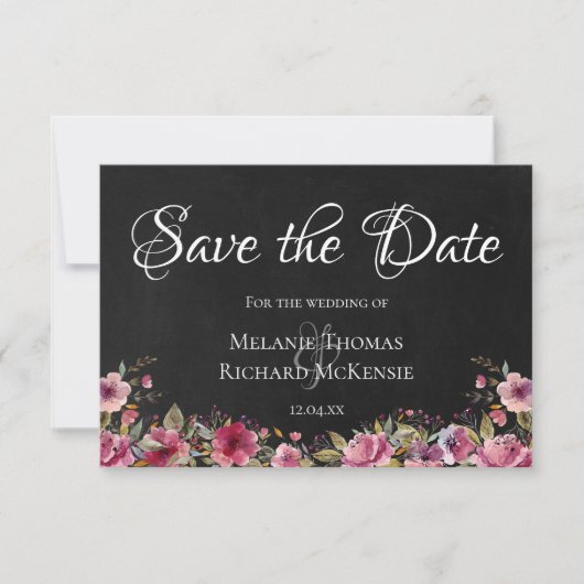 Blush Pink Floral Chalkboard Save the Date Card (Voorkant)