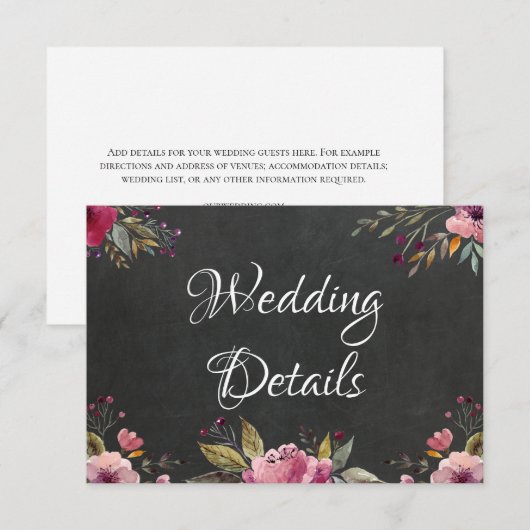 Blush Pink Floral Chalkboard Wedding Info Kaart (Voorkant / Achterkant)